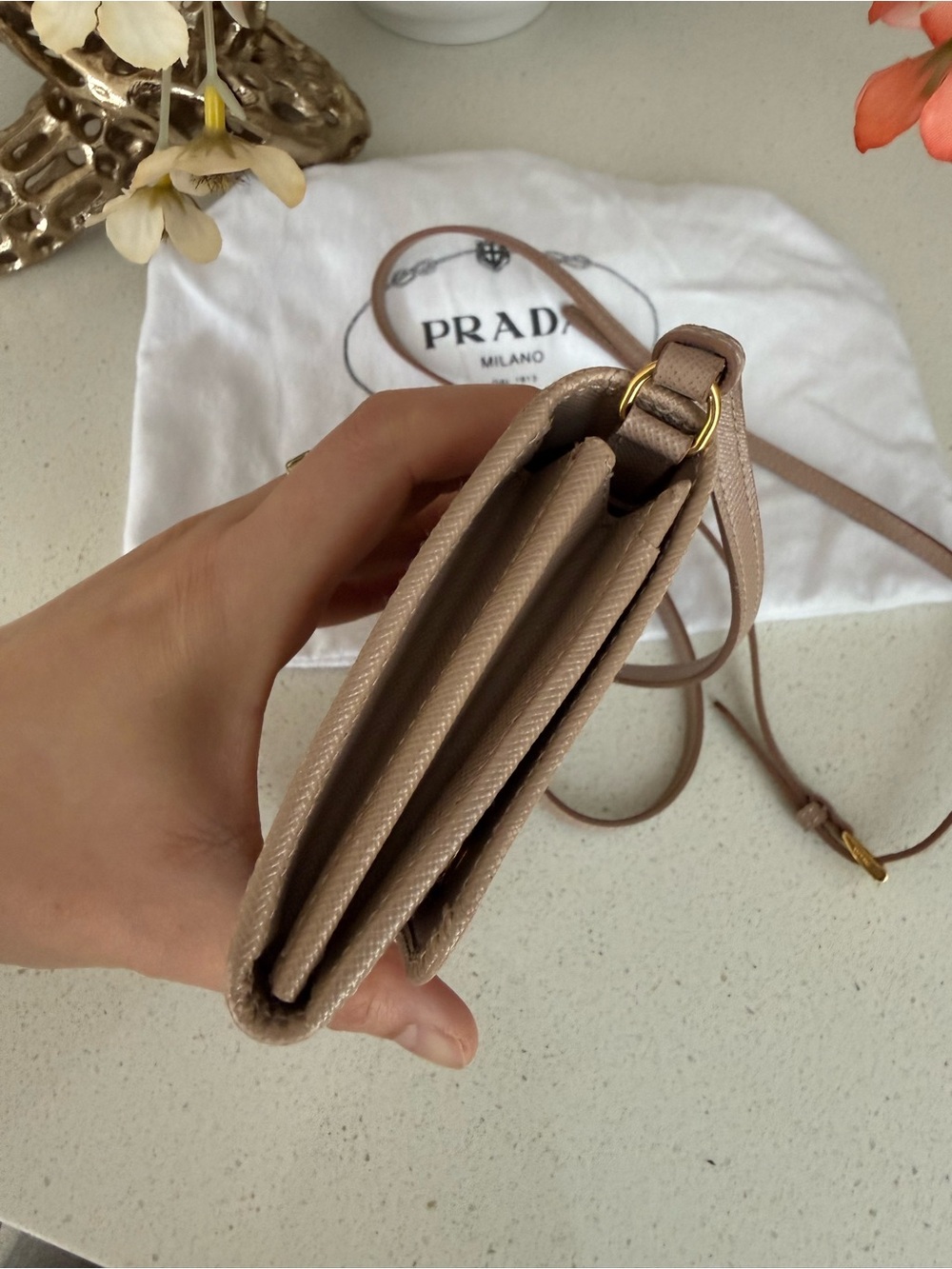 Authentic Prada Saffiano Leather Wallet on Chain / Crossbody – Cameo Beige - Picture 6 of 12